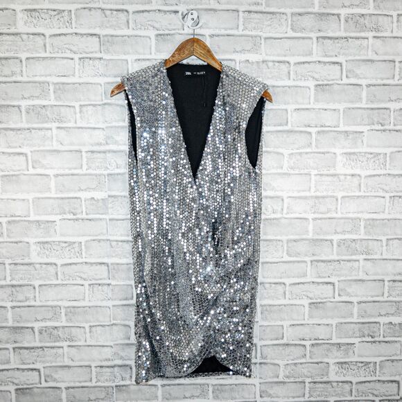 ZARA Women's Silver Sequin Draped Dress size Small NWOT - Picture 11 of 11